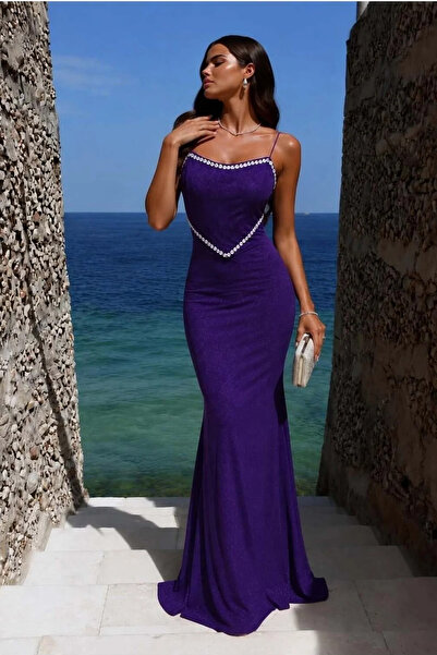 SS HOME CONCEPT Women's heart neckline stone detailed maxi evening dress