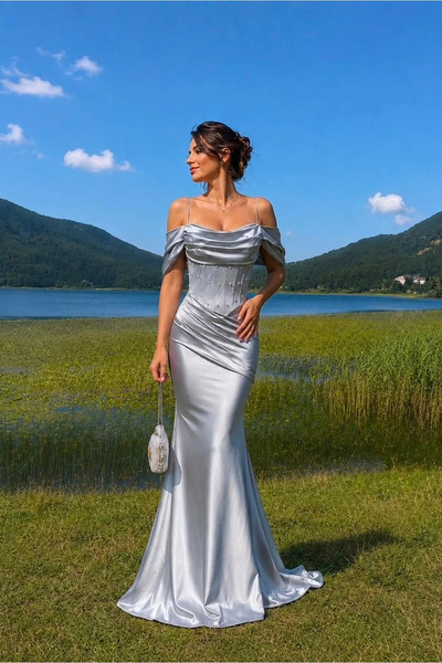 SS HOME CONCEPT Women's satin carmen collar evening dress