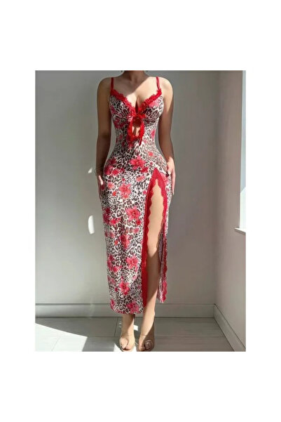 SS HOME CONCEPT Elegant red lace-trimmed floral long-slit nightgown