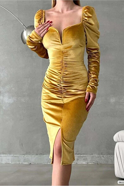 SS HOME CONCEPT Women's Velvet Fabric Heart Collar Slit Midi Evening Dress
