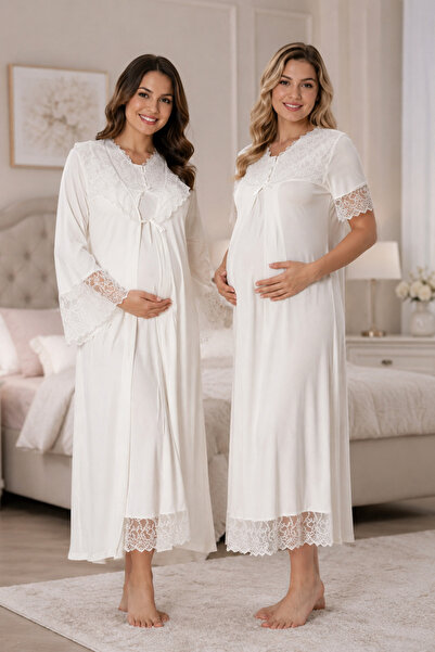by İGP Elegant Lace Detailed Maternity Nightgown Set with Dressing Gown