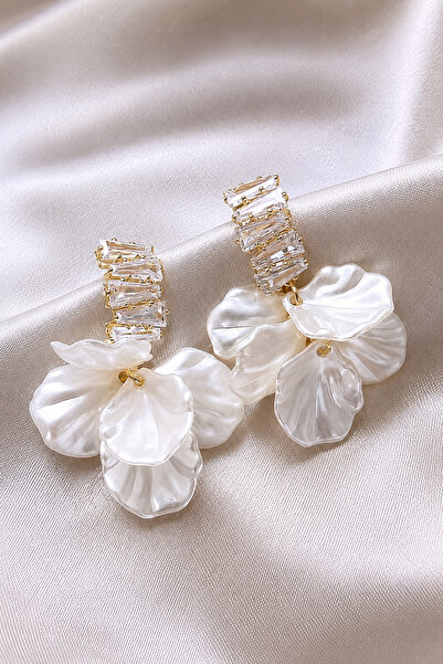THE Steel White Flower Figured Baguette Stone Dangle Earrings for Women