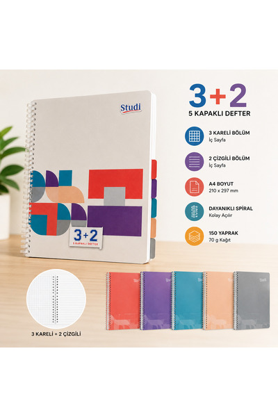 Studi A4 3+2 Spiralli 5 Kapaklı Defter – 5 Ayrı Bölüm, Her Bölüme Özel Renkli...