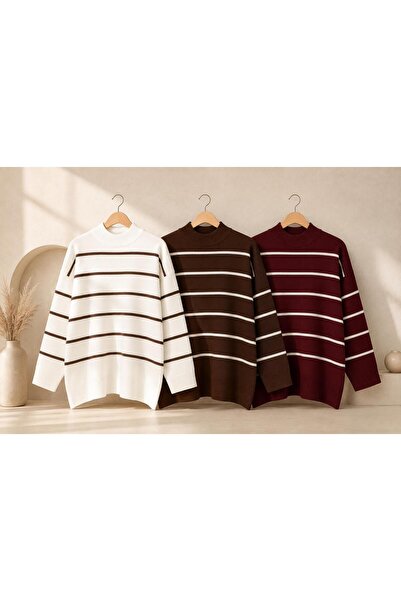 threeoff Women's Oversize Striped Knitwear Sweater High Neck Loose Fit Long S...