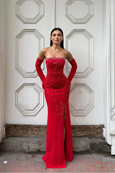 SS HOME CONCEPT Women's elegant strapless stone detailed slit evening dress