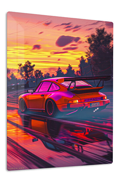 Emesa Art Red Porsche 911 Neon Sunset Metal Wall Art