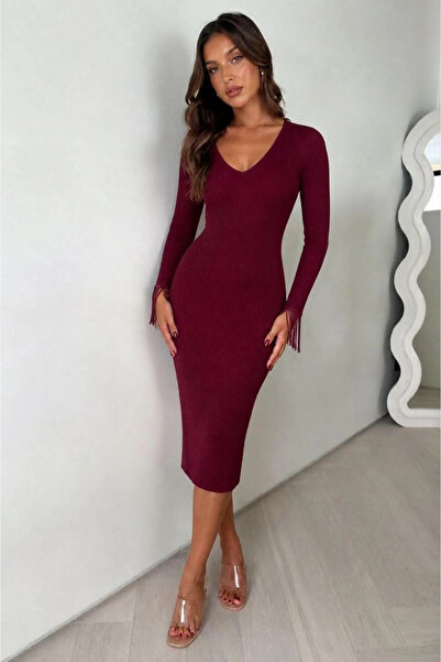 SS HOME CONCEPT Women's V-Neck Midi Long Sleeve Evening Dress
