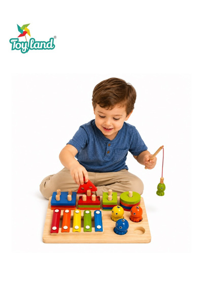 TOY LAND 3-in-1 Wooden Montessori Activity Playset with Shape Sorting & Stack...