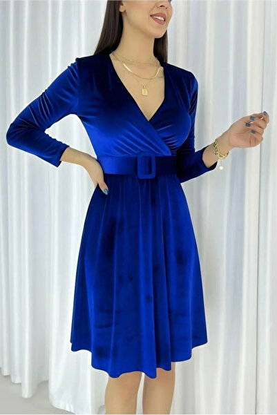 SS HOME CONCEPT Women's Velvet Fabric V-Neck Belted Mini Evening Dress