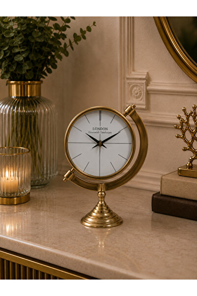 Hinora Executive Pirinç Dünya Küre Formlu Masa Saati 26CM – Lüks Dekoratif Of...