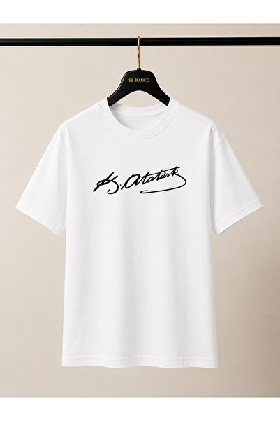 SB BİANCO Ataturk Signature Printed Oversize Unisex Premium Cotton T-Shirt Mi...