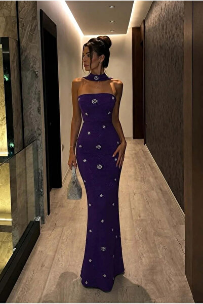 SS HOME CONCEPT Women's Trendy Glittery Fabric High Collar Evening Dress with...