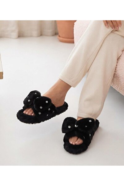 FEMME FATALE Gold Polka Dot Plush Home Slippers with Bow