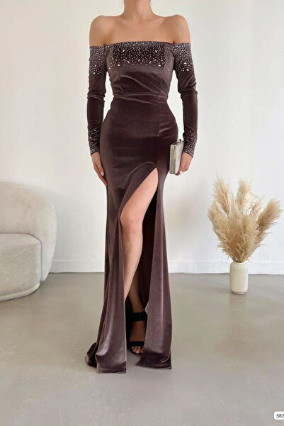 SS HOME CONCEPT Women's stretch velvet fabric slit long sleeve evening dress