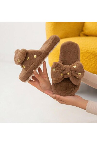 FEMME FATALE Gold Polka Dot Plush Home Slippers with Bow