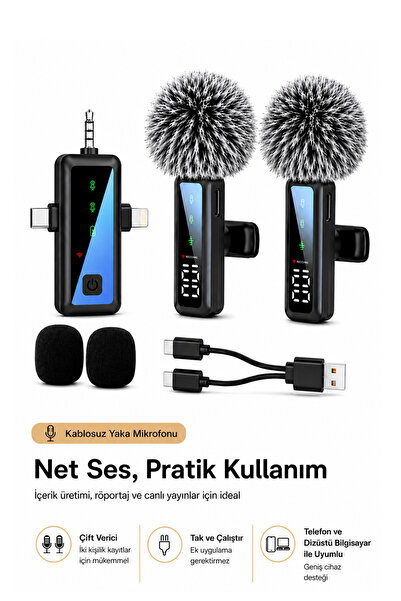 Abbruch H68 2 Adet Profesyonel Kablosuz Yaka Mikrofonu 3in1 Mikrofon Type-C/L...