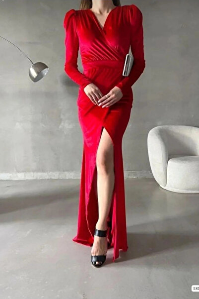 SS HOME CONCEPT Women's Velvet Fabric Double Breasted Collar Slit Maxi Evenin...