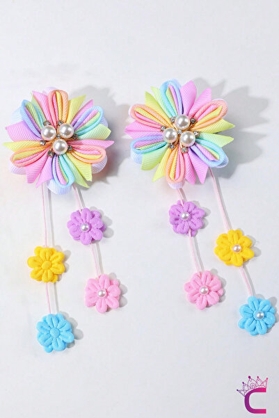 Cinderella 2-Piece Rainbow Colorful Dangle Pearl Flower Girl Hair Clip - Birt...