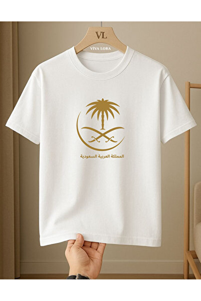 VİVA LORA Kingdom of Saudi Arabia Logo Printed 100% Cotton Crewneck Regular U...