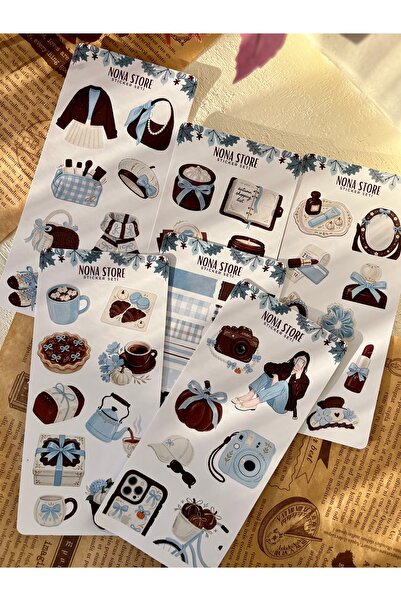 Mavi Sonbahar Estetik Kuşe Sticker Seti - 8x17 cm- Bullet Journal -Scrapbooking