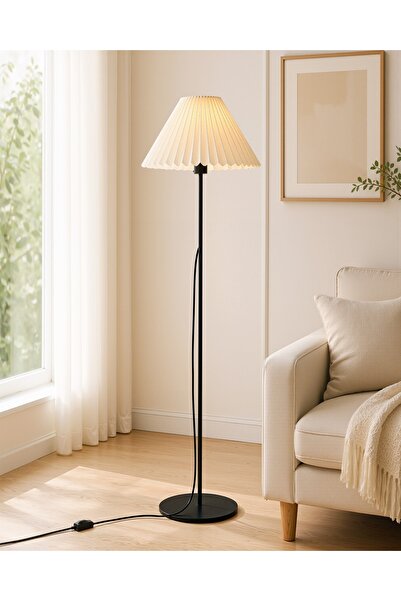 Genel Markalar NovaLume Siyah Metal Lambader 150 cm – Krem Pileli Kumaş Başlı...