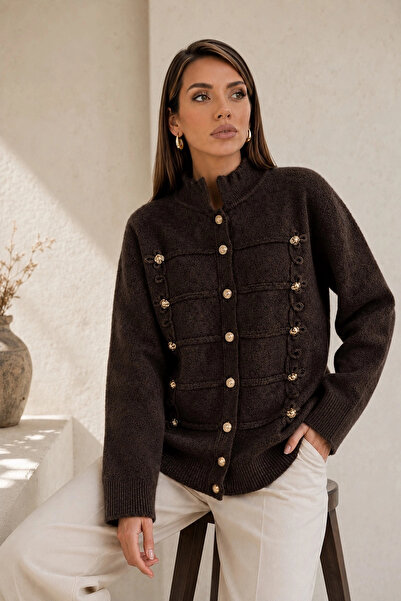Lusin Women's Brown Stand Collar Stripe and Gold Button Detailed Soft Knit Ca...