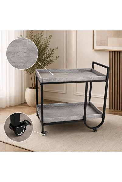 LastHome Modern wood and metal serving cart with wheels - gray