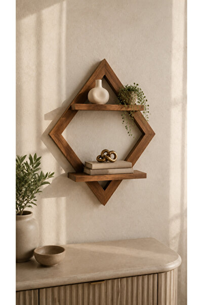 Heven Homes KSA Geometric Wall-Mounted Shelf – Brown Walnut-Finish MDF Decora...