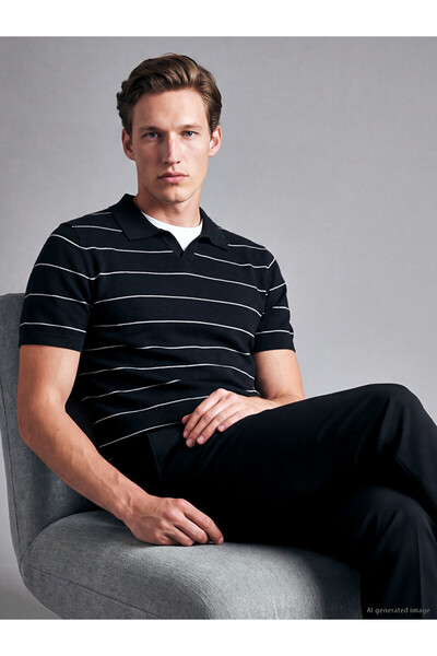 LC Waikiki Rmz Gi̇yi̇m Farkiyla Devrik Roba Collar Striped Men's Knitwear T-S...
