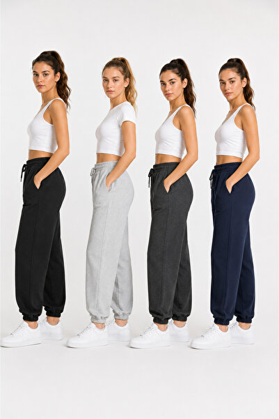 NAKRUF Kadın Oversize Eşofman Altı 4’lü Set Siyah Gri Füme Lacivert İçi Pamuklu Rahat Kalıp