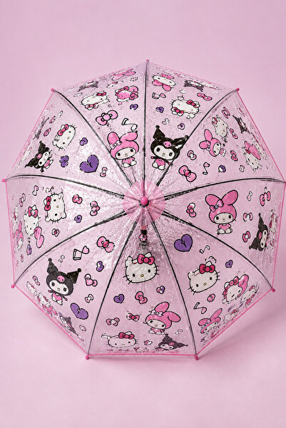 Hello Kitty Umbrela de Ploaie Baston Automata Fucsia Transparenta cu Model pe...