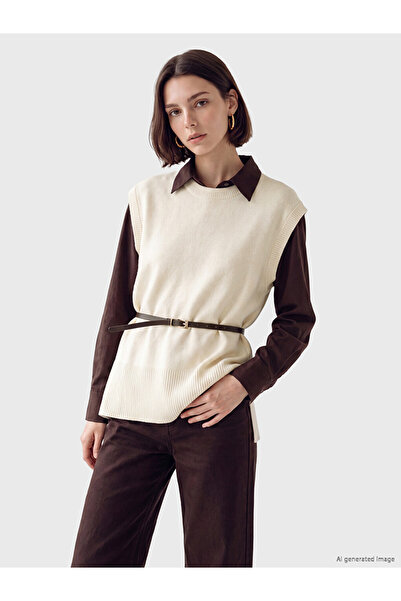 LC Waikiki Lcw Modest Ecru Women's Knitwear Sweater with Belt