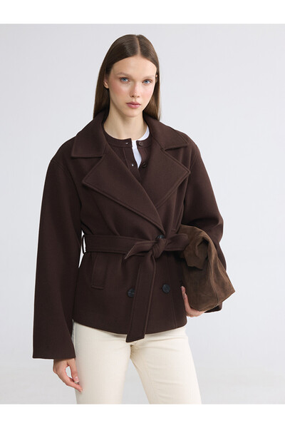 LC Waikiki Lcw Modest Brown Double-Breasted Collared Women's Cashmere Coat