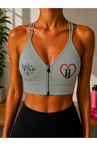 Novera Ribbed Patterned Zippered Sports Bra with Removable Pads