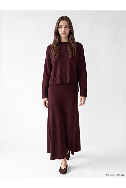LC Waikiki Lcw Modest Burgundy Elastic Waist A-Line Knitwear Skirt