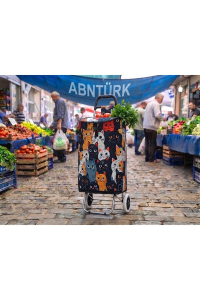 abnturk Sevimli Kediler Figürlü Su Geçirmez Dayanıklı Tekerlekli Çelik Gövde Alışveriş Çantası