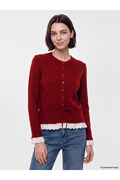 LC Waikiki Lcw Modest Burgundy Crew Neck Women's Knitwear Cardigan