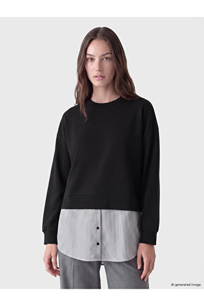LC Waikiki Lcw Modest Black Soft Touch Striped Women's Sweatshirt Tunic