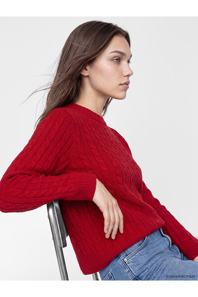 LC Waikiki Lcw Modest Red Crew Neck Braided Women's Knitwear Sweater
