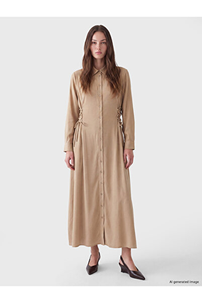 LC Waikiki Lcw Modest Beige Modal Blend Shirt Dress with Tie Detail