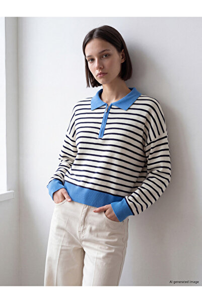 LC Waikiki Lcw Modest Blue Polo Collar Striped Women's Knitwear Sweater