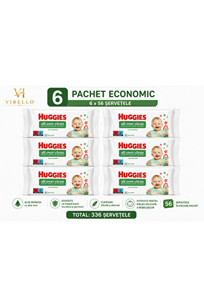 Huggies Set 6 pachete Șervețele Umede All Over Clean Aloe Refresh, 56 buc/pachet