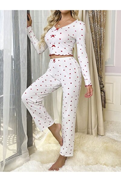 Nightlight uzun kollu pijama takımı kırmızı kalp desenli