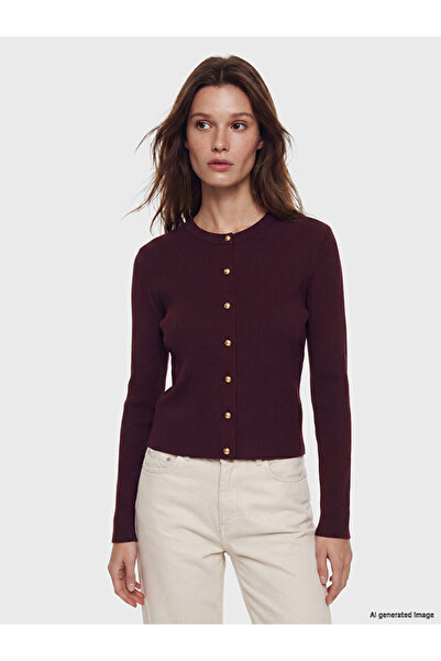 LC Waikiki Lcw Modest Burgundy Crew Neck Women's Knitwear Cardigan