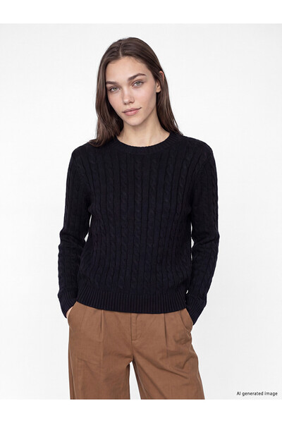 LC Waikiki Lcw Modest Navy Blue Crew Neck Knitted Women's Sweater