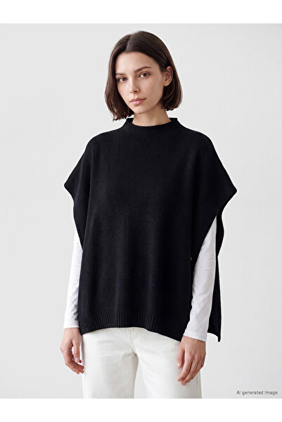 LC Waikiki Lcw Modest Black Half Turtleneck Women's Knitwear Poncho