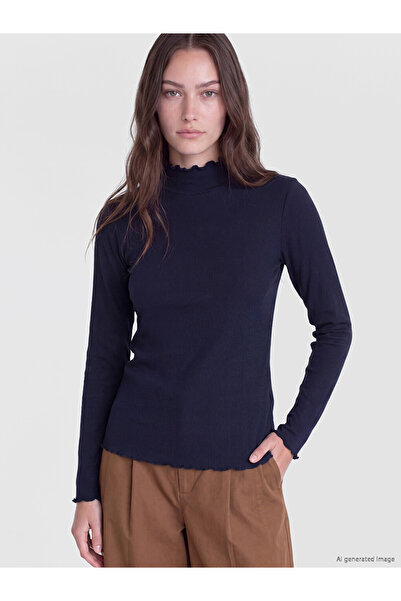 LC Waikiki Lcw Modest Navy Blue High Neck Women's Ribbed Bodysuit