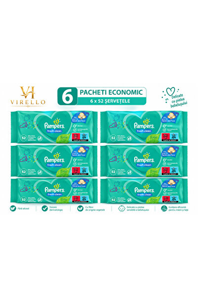 Pampers Set 6 pachete Șervețele Umede Fresh Clean, 52 buc/pachet, Total 312 buc
