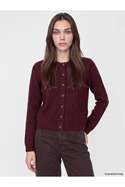 LC Waikiki Lcw Modest Burgundy Crew Neck Floral Embroidered Women's Knitwear ...