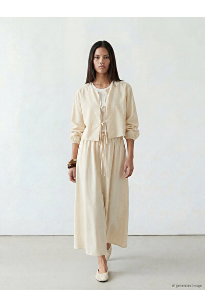 LC Waikiki Lcw Modest Beige Elastic Waist Gathered Flared Skirt